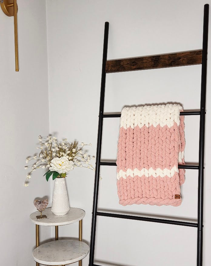 Pink & White Striped Handmade Chunky Knit Baby Blanket