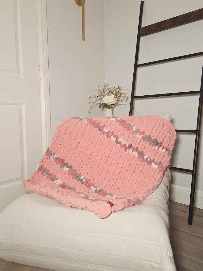 Pink & Mixed Colour Striped Handmade Chunky Knit Baby/Toddler Blanket