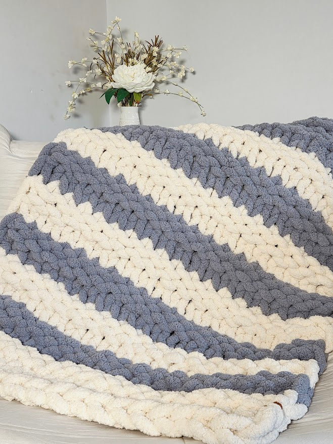 Blue & White Striped Handmade Chunky Knit Baby Blanket