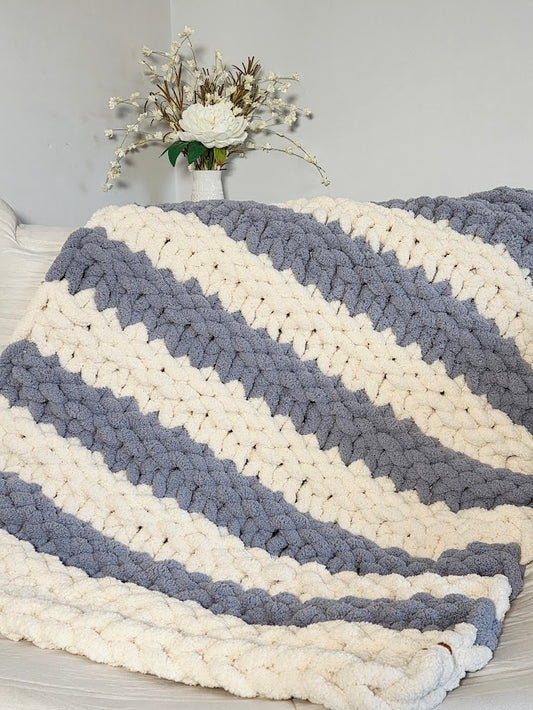 Blue & White Striped Handmade Chunky Knit Baby Blanket