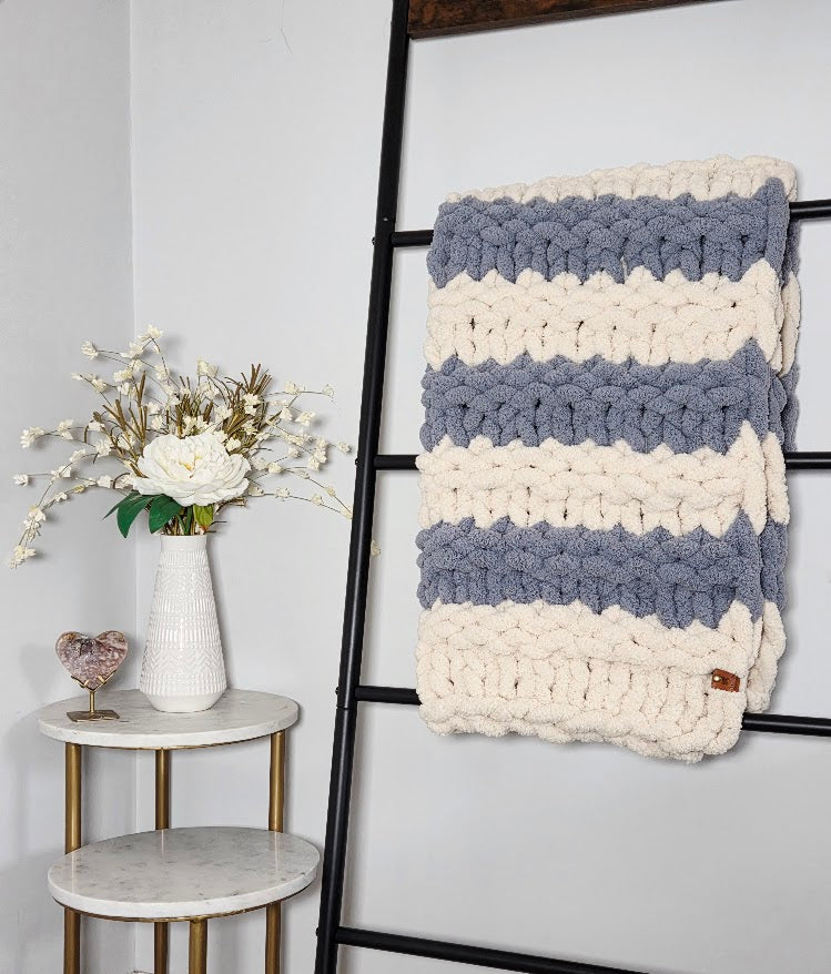 Blue & White Striped Handmade Chunky Knit Baby Blanket