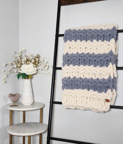Blue & White Striped Handmade Chunky Knit Baby Blanket