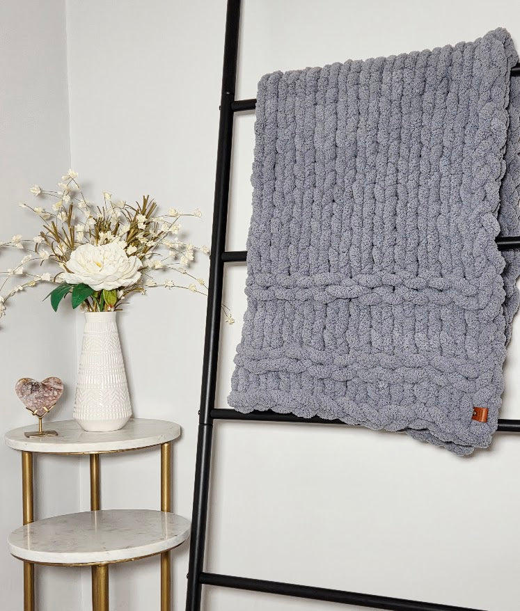 Blue with Braids Handmade Chunky Knit Baby/Toddler Blanket