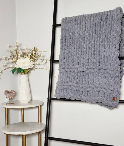 Blue with Braids Handmade Chunky Knit Baby/Toddler Blanket