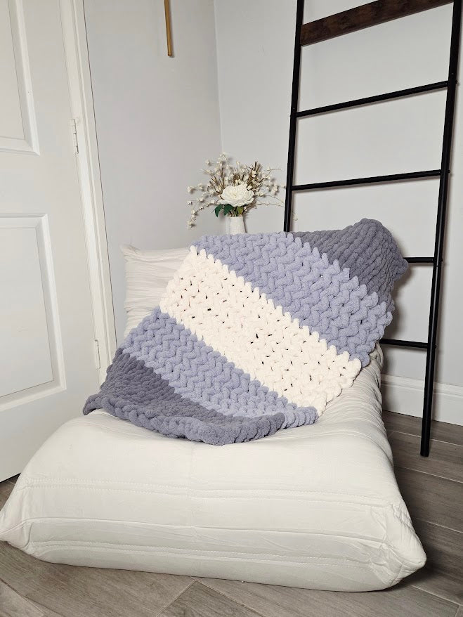 Blue & White Striped Handmade Chunky Knit Baby Blanket