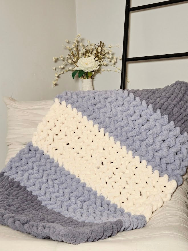 Blue & White Striped Handmade Chunky Knit Baby Blanket