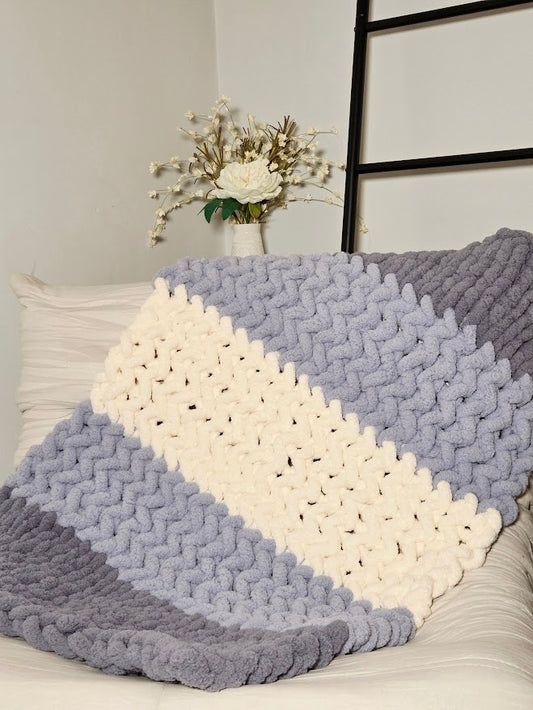 Blue & White Striped Handmade Chunky Knit Baby Blanket
