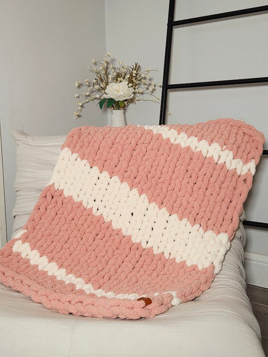 Pink & White Striped Handmade Chunky Knit Baby Blanket