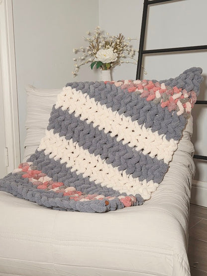 Pink, White & Blue Striped Handmade Chunky Knit Baby Blanket