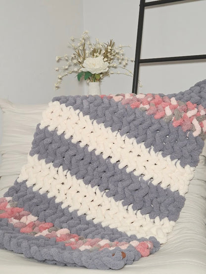 Pink, White & Blue Striped Handmade Chunky Knit Baby Blanket