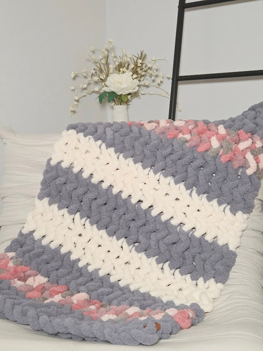 Pink, White & Blue Striped Handmade Chunky Knit Baby Blanket