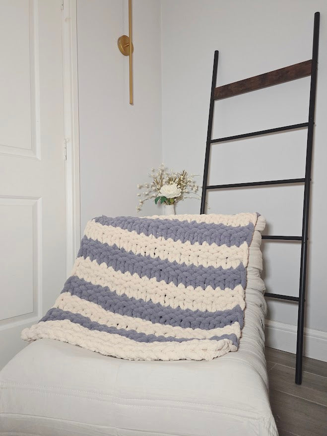 Blue & White Striped Handmade Chunky Knit Baby Blanket