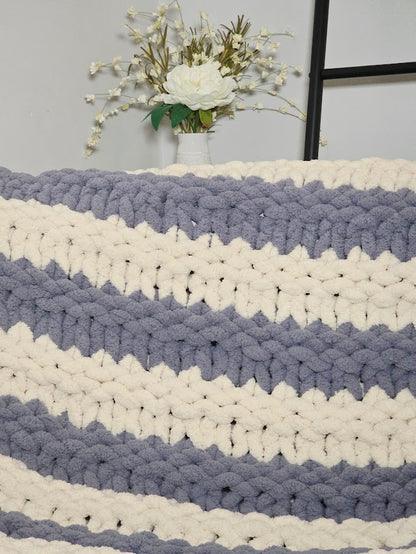 Blue & White Striped Handmade Chunky Knit Baby Blanket