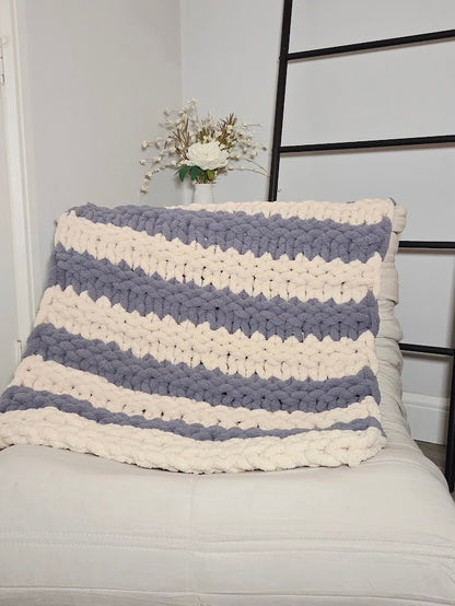 Blue & White Striped Handmade Chunky Knit Baby Blanket